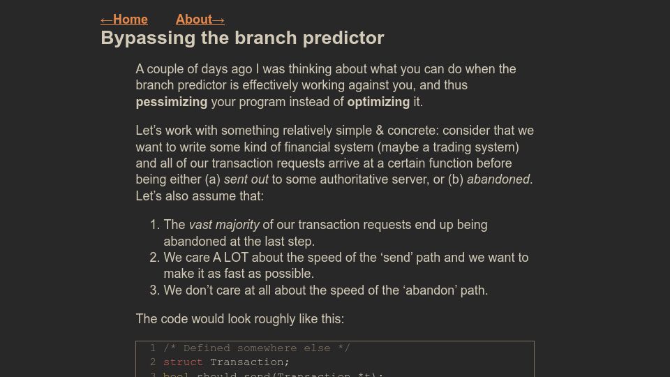 Screenshot of nicula.xyz: Bypassing the Branch Predictor