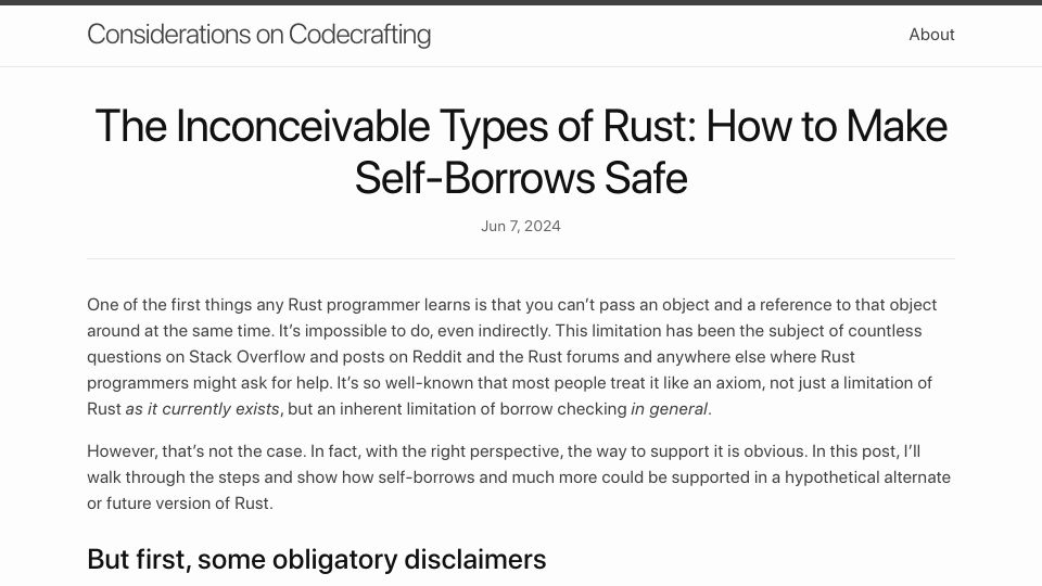 Screenshot of blog.polybdenum.com: The inconceivable types of Rust: How to make self-borrows safe (2024)