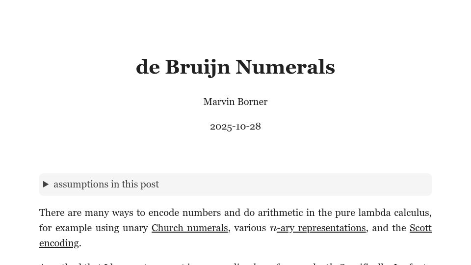 Screenshot of text.marvinborner.de: De Bruijn Numerals