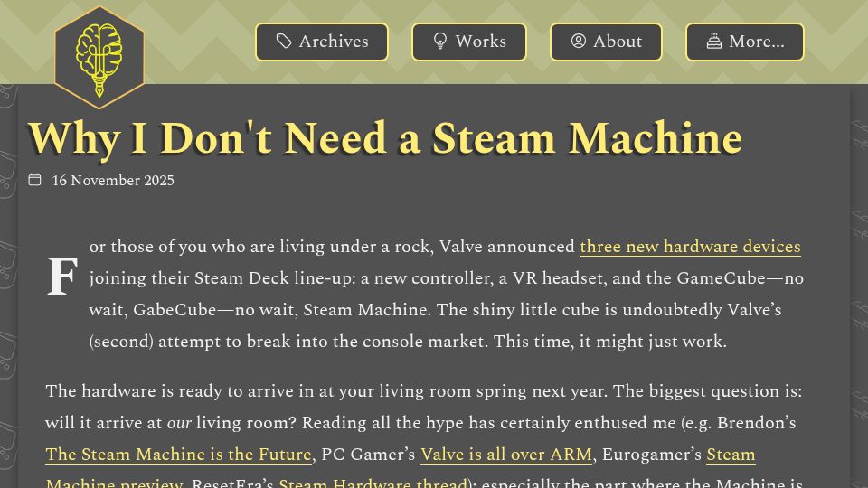 Screenshot of brainbaking.com: I don’t need a Steam Machine