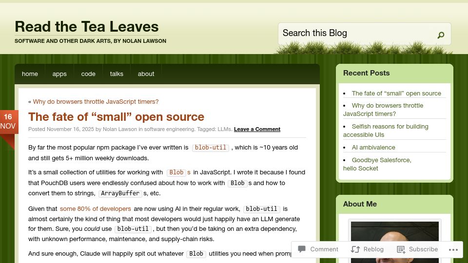 Screenshot of nolanlawson.com: The fate of "small" open source