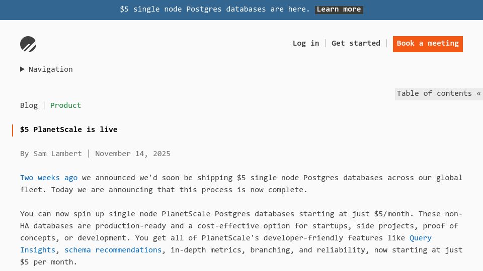 Screenshot of planetscale.com: $5 PlanetScale is live