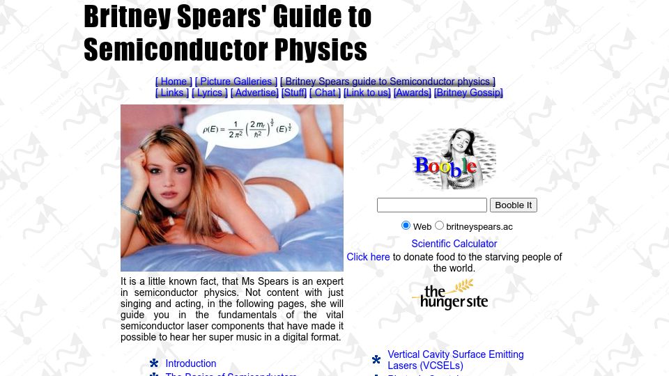 Screenshot of britneyspears.ac: Britney Spears' Guide to Semiconductor Physics (2000)