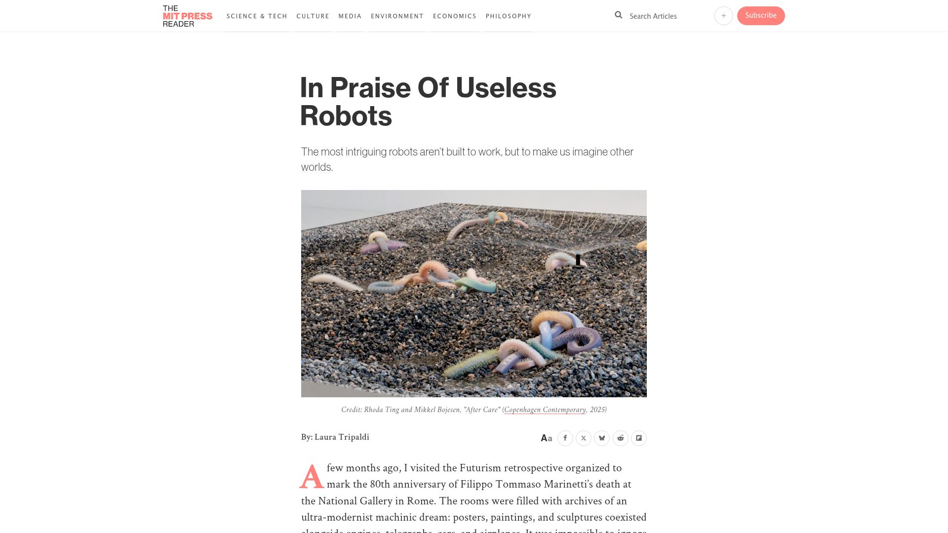 Screenshot of thereader.mitpress.mit.edu: In Praise of Useless Robots