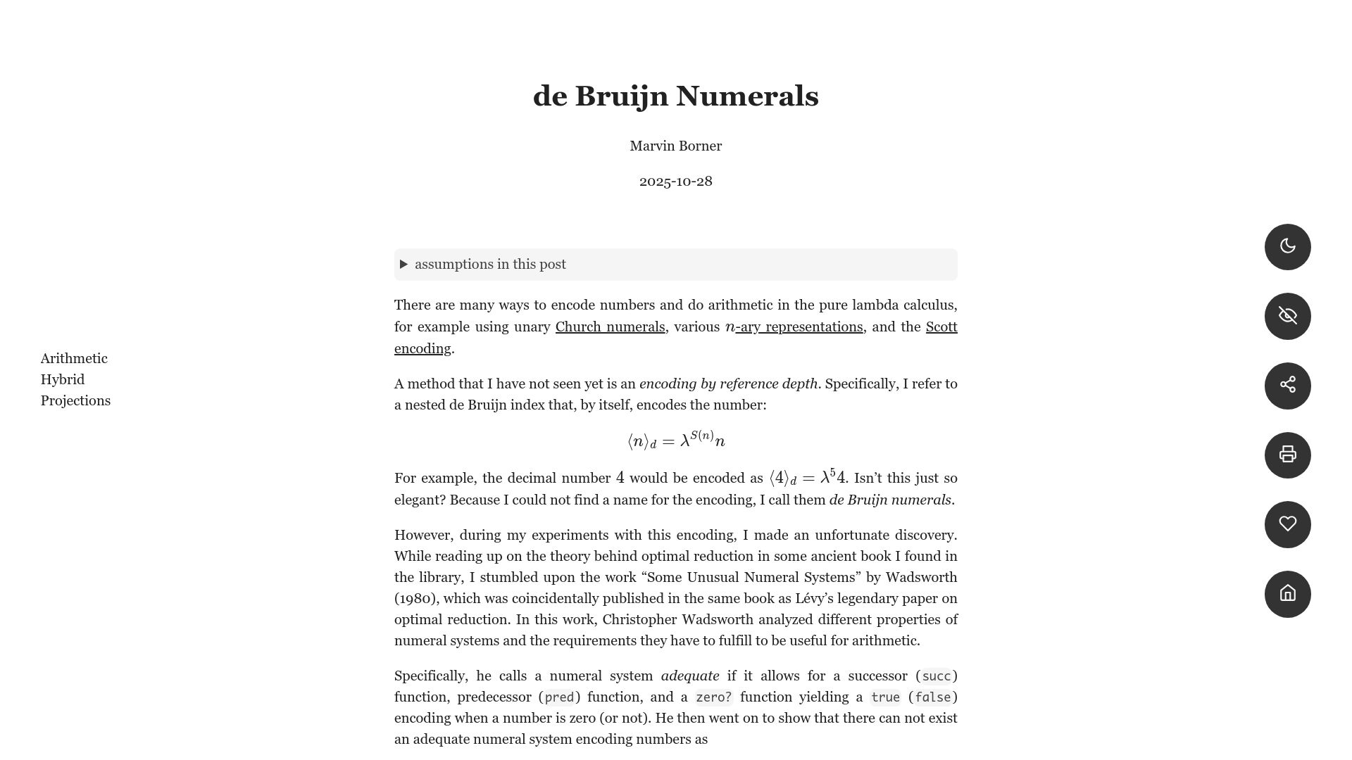 Screenshot of text.marvinborner.de: De Bruijn Numerals