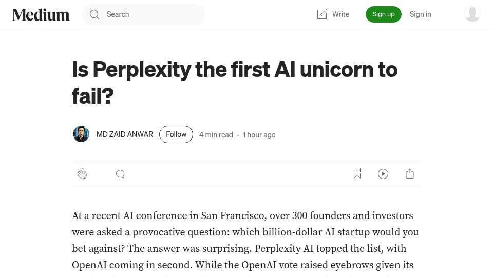 Screenshot of medium.com: Is Perplexity the first AI unicorn to fail?