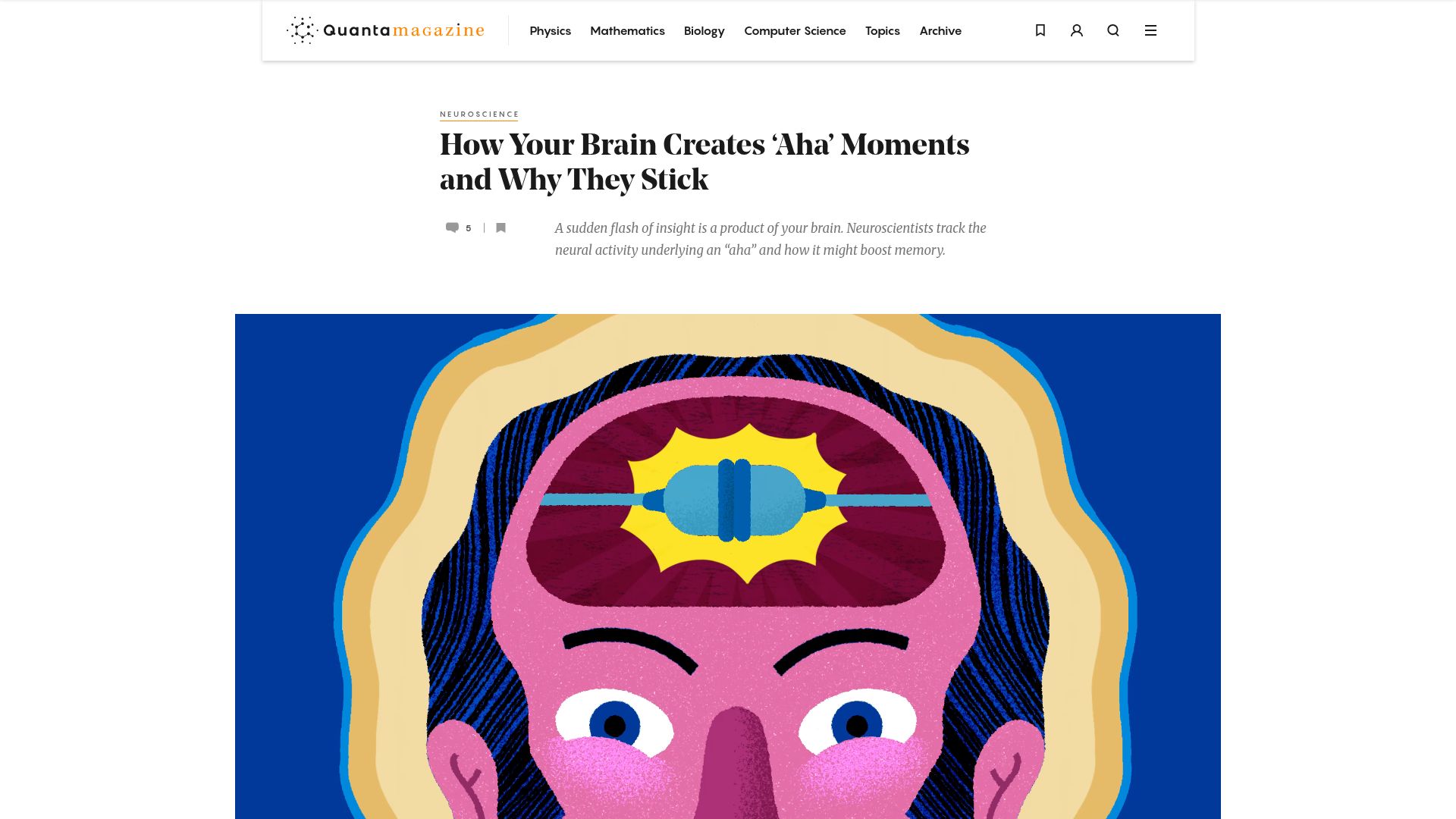 Screenshot of quantamagazine.org: Neuroscientists track the neural activity underlying an “aha”