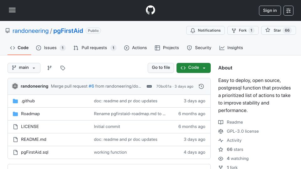 Screenshot of github.com: PgFirstAid: PostgreSQL function for improving stability and performance