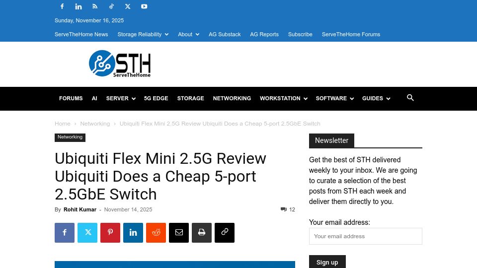 Screenshot of servethehome.com: Ubiquiti Flex Mini 2.5G Review Ubiquiti Does a Cheap 5-Port 2.5GbE Switch
