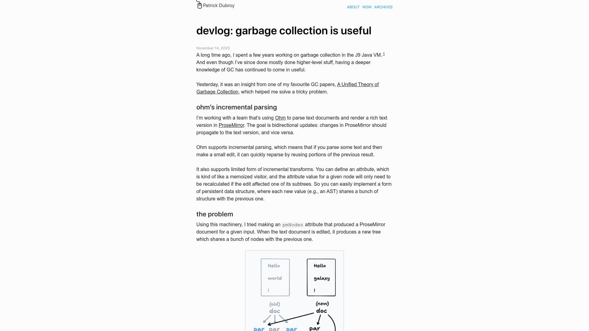 Screenshot of dubroy.com: Garbage collection is useful
