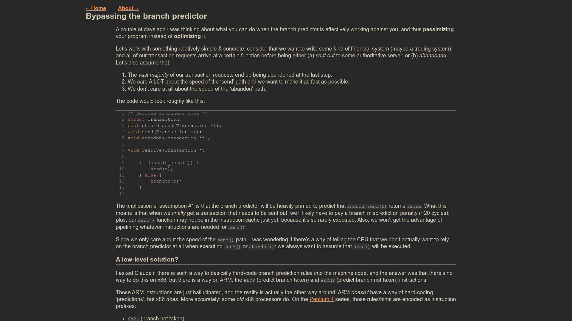 Screenshot of nicula.xyz: Bypassing the Branch Predictor