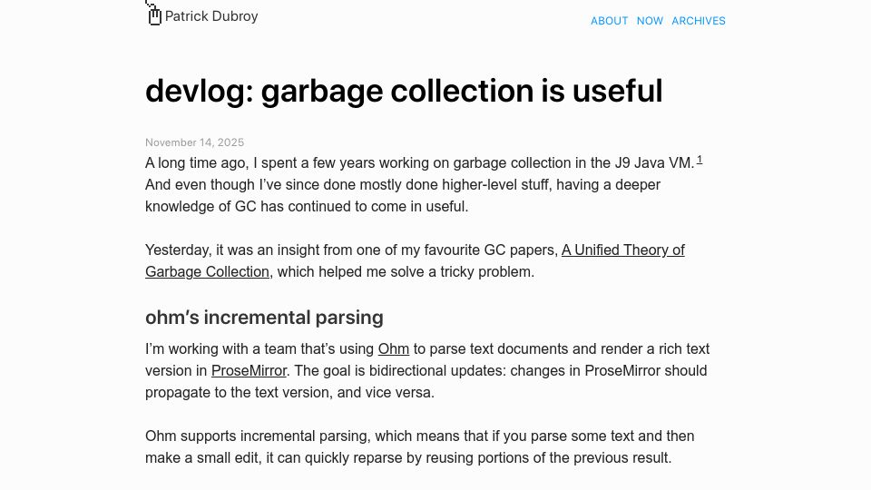 Screenshot of dubroy.com: Garbage collection is useful