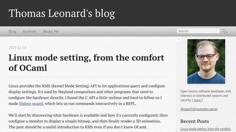 Screenshot of roscidus.com: Linux mode setting, from the comfort of OCaml