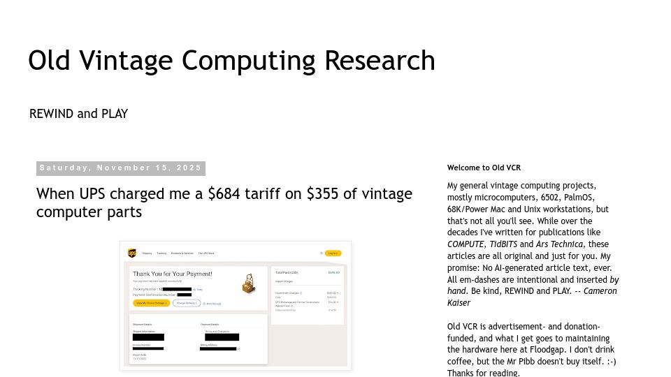 Screenshot of oldvcr.blogspot.com: When UPS charged me a $684 tariff on $355 of vintage computer parts