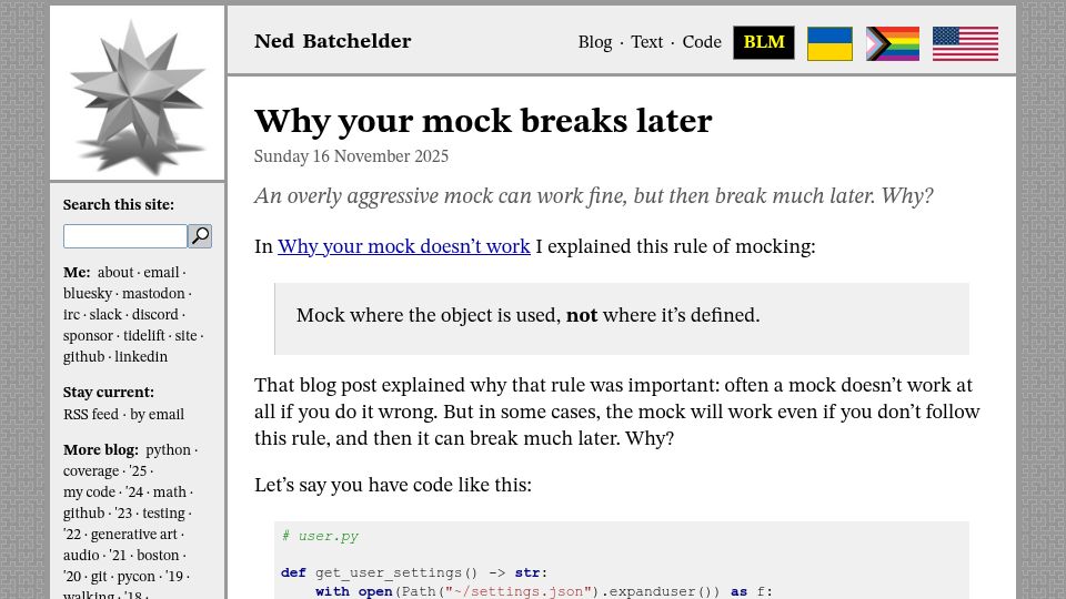 Screenshot of nedbatchelder.com: An overly aggressive mock can work fine, but break much later