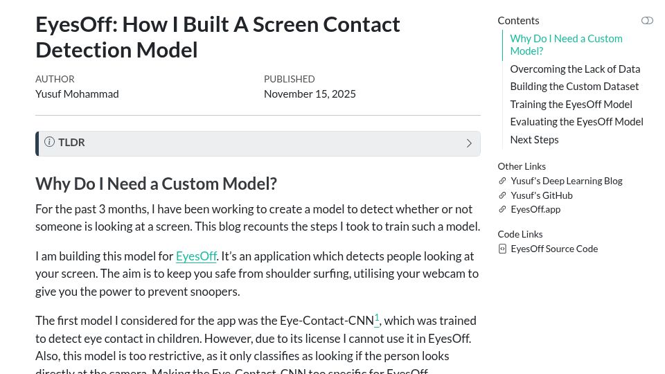 Screenshot of ym2132.github.io: EyesOff: How I built a screen contact detection model