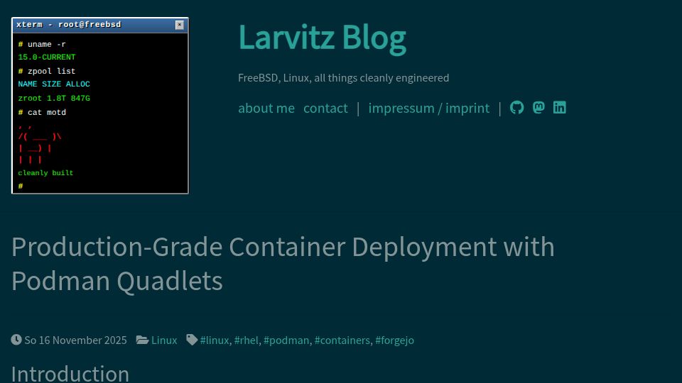 Screenshot of blog.hofstede.it: Production-Grade Container Deployment with Podman Quadlets – Larvitz Blog