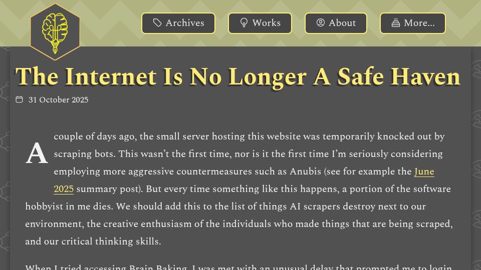 Screenshot of brainbaking.com: The Internet Is No Longer a Safe Haven