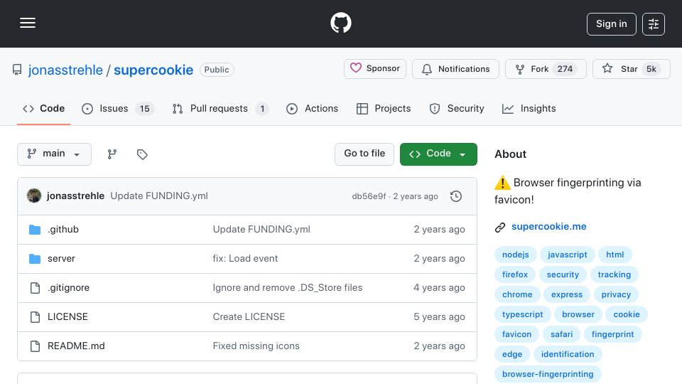 Screenshot of github.com: Supercookie: Browser Fingerprinting via Favicon (2021)