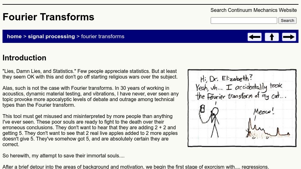 Screenshot of continuummechanics.org: Fourier Transforms