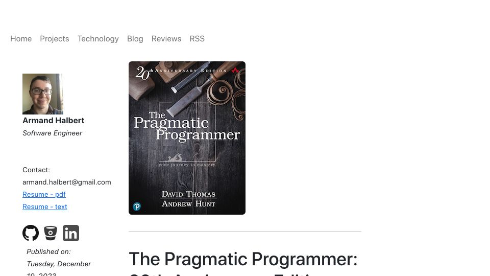 Screenshot of ahalbert.com: The Pragmatic Programmer: 20th Anniversary Edition (2023)