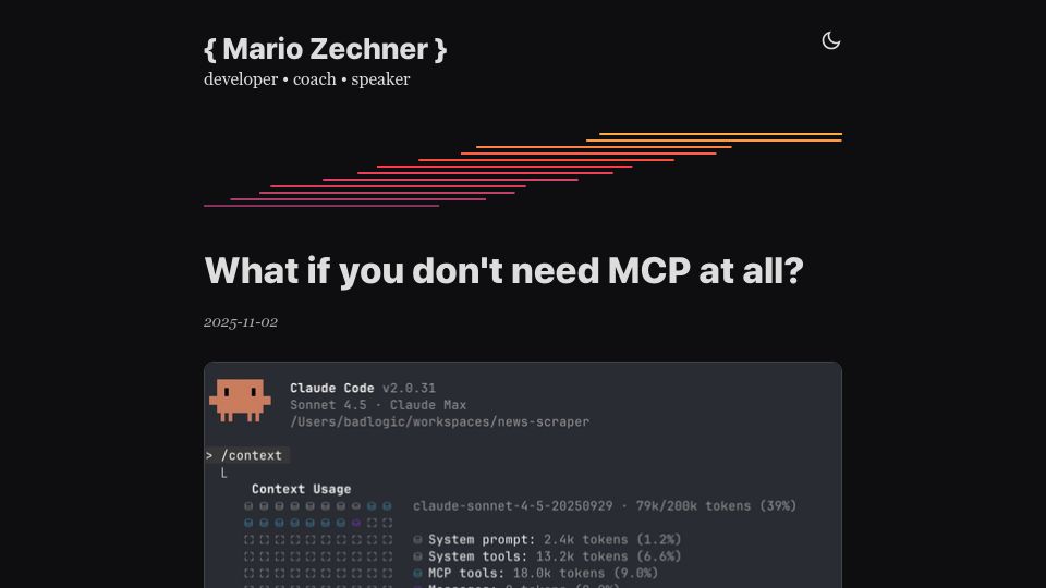 Screenshot of mariozechner.at: What if you don't need MCP at all?