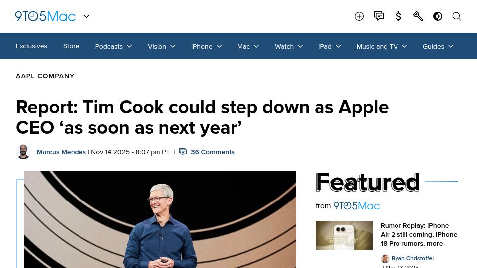 Screenshot of 9to5mac.com: Report: Tim Cook could step down as Apple CEO 'as soon as next year'