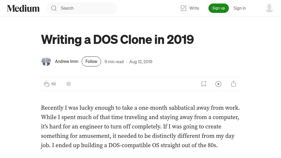Screenshot of medium.com: Writing a DOS Clone in 2019