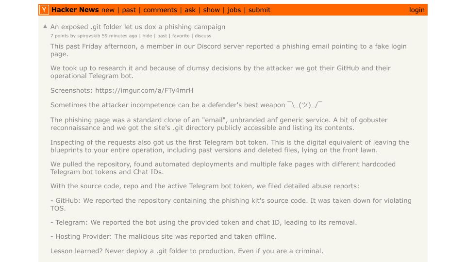 Screenshot of Hacker News post: An exposed .git folder let us dox a phishing campaign