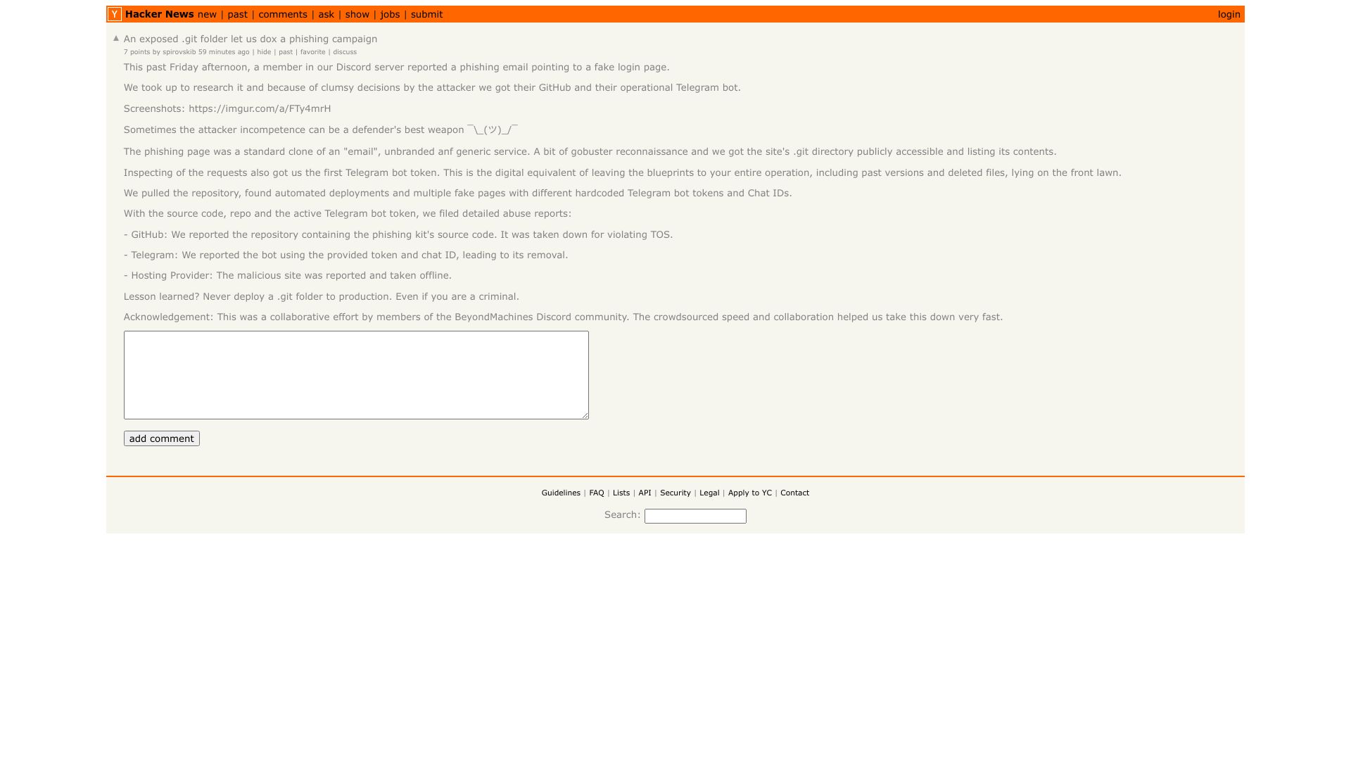 Screenshot of this Hacker News post: An exposed .git folder let us dox a phishing campaign
