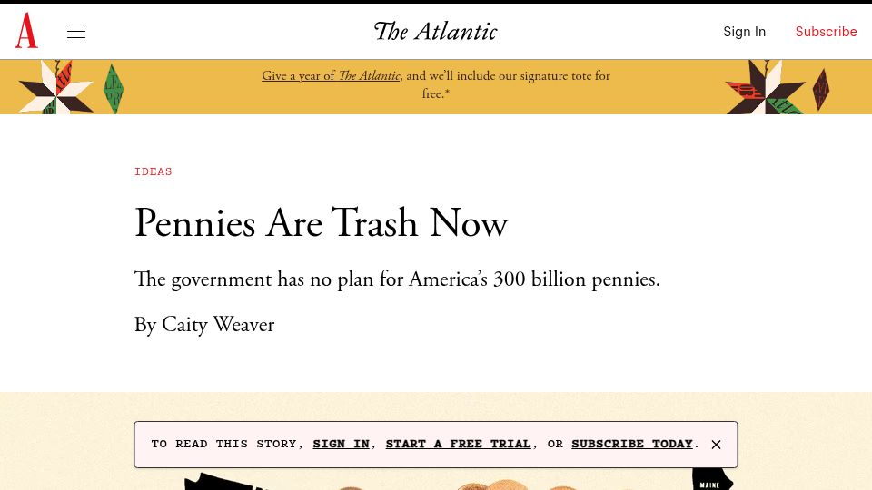 Screenshot of theatlantic.com: Pennies Are Trash Now