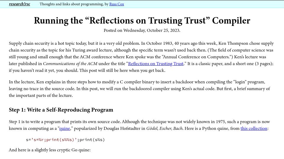 Screenshot of research.swtch.com: Running the "Reflections on Trusting Trust" Compiler (2023)