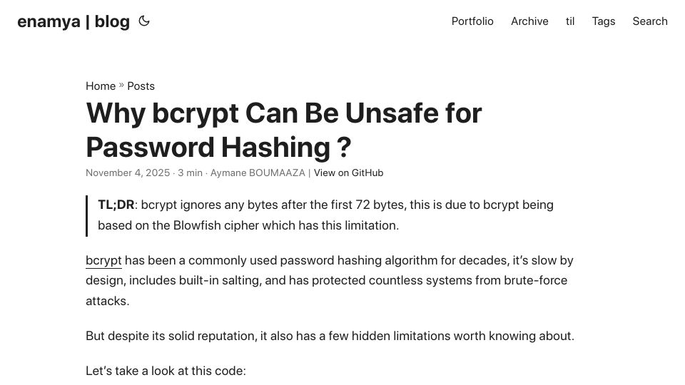 Screenshot of blog.enamya.me: Why Bcrypt Can Be Unsafe for Password Hashing?