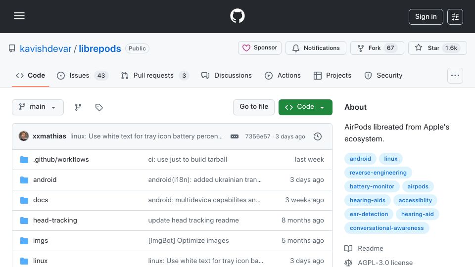 Screenshot of github.com: AirPods libreated from Apple's ecosystem