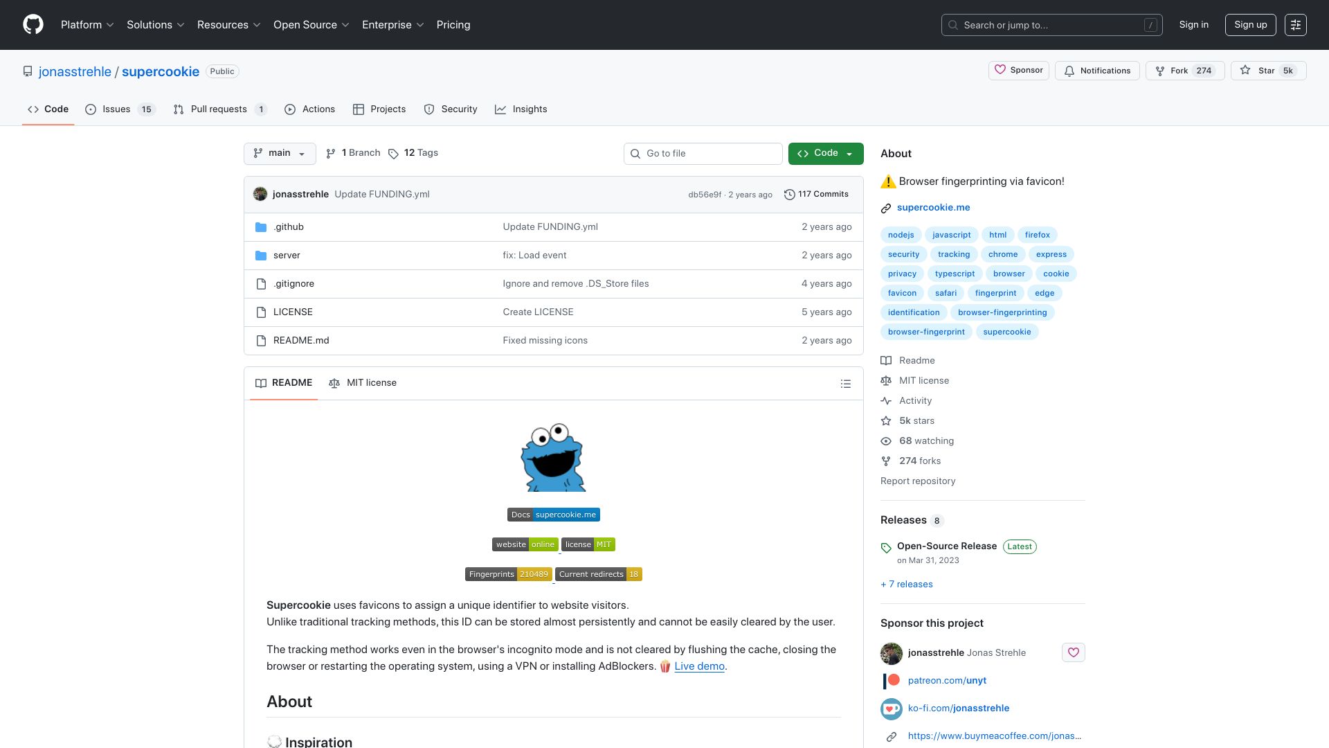 Screenshot of github.com: Supercookie: Browser Fingerprinting via Favicon (2021)