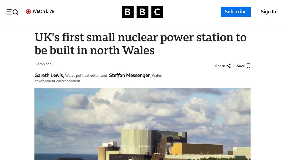 Screenshot of bbc.com: UK's first small nuclear power station to be built in north Wales