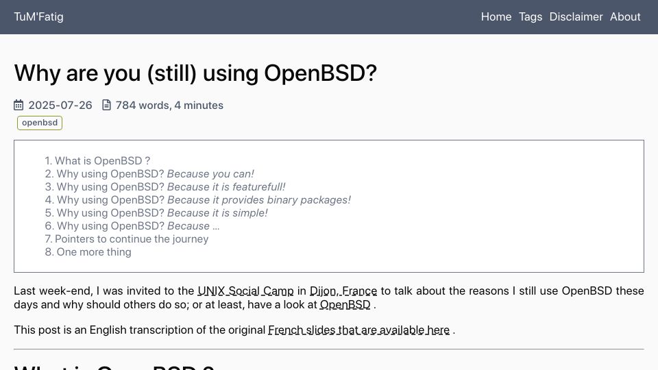 Screenshot of tumfatig.net: Why use OpenBSD?