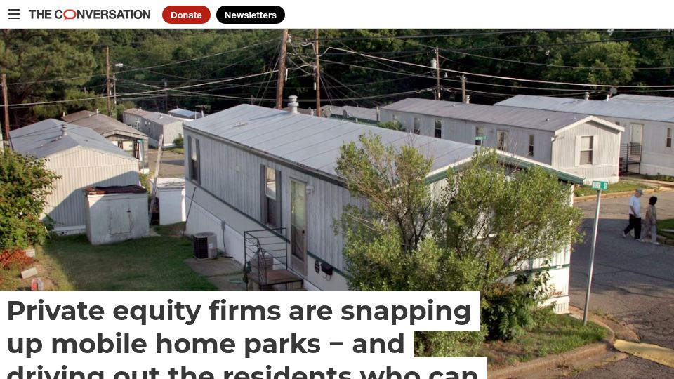 Screenshot of theconversation.com: Private equity firms are snapping up mobile home parks, driving out residents