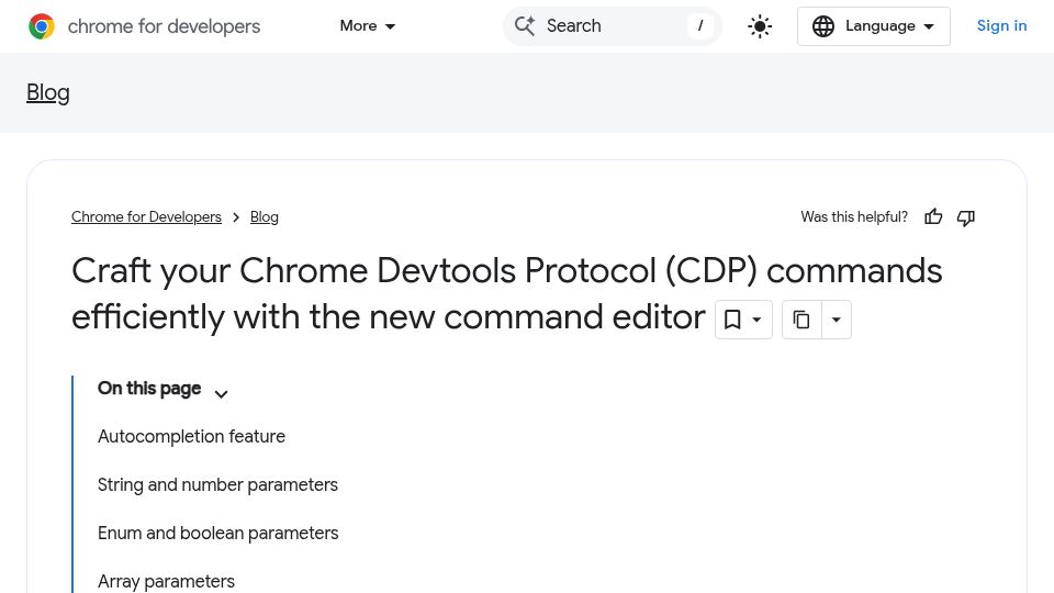 Screenshot of developer.chrome.com: Craft Chrome Devtools Protocol (CDP) commands with the new command editor