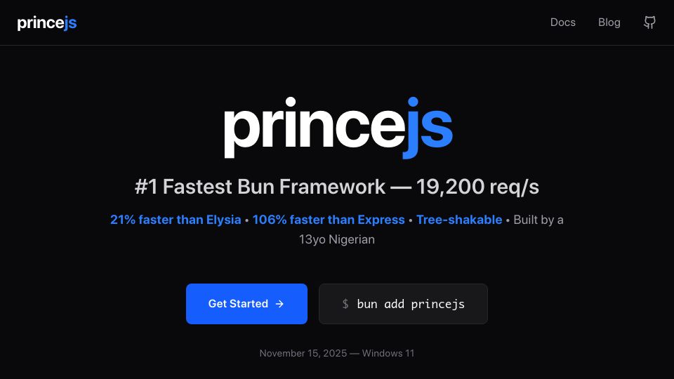 Screenshot of princejs.vercel.app: Show HN: PrinceJS – 19,200 req/s Bun framework in 2.8 kB (built by a 13yo)