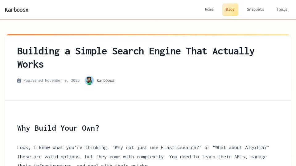 Screenshot of karboosx.net: Building a Simple Search Engine That Works