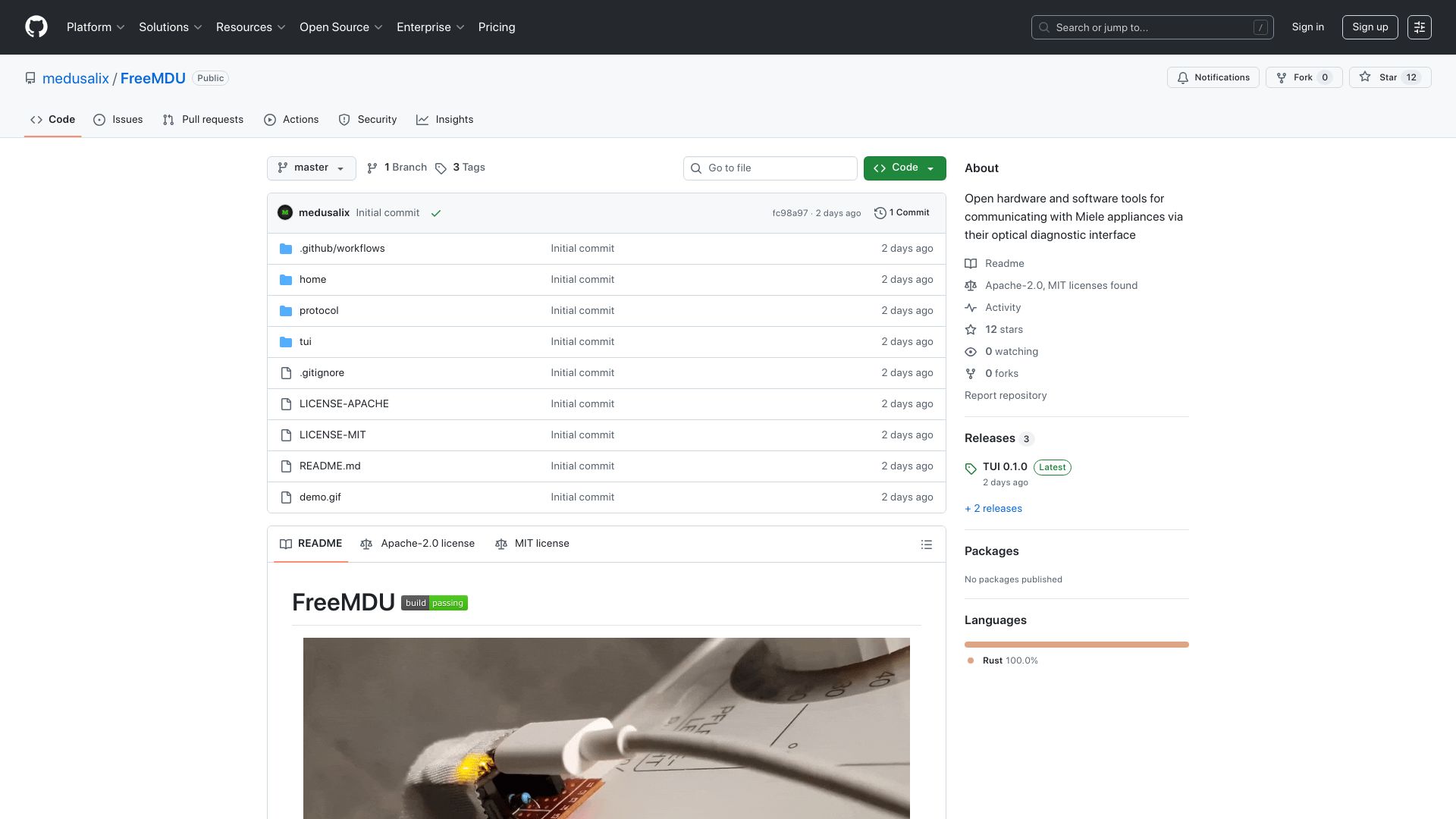 Screenshot of github.com: FreeMDU: Open-source Miele appliance diagnostic tools