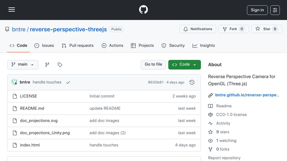 Screenshot of github.com: Show HN: Reverse perspective camera for OpenGL (Three.js)