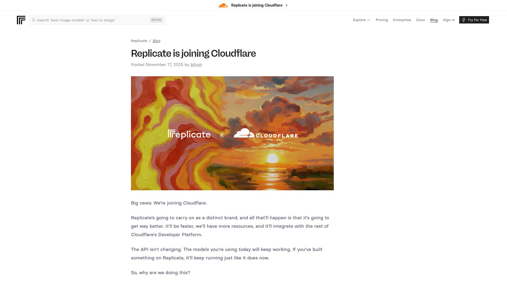 Screenshot of replicate.com: Replicate is joining Cloudflare