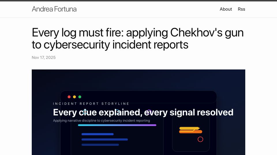Screenshot of andreafortuna.org: Every log must fire: applying Chekhov's gun to cybersecurity incident reports