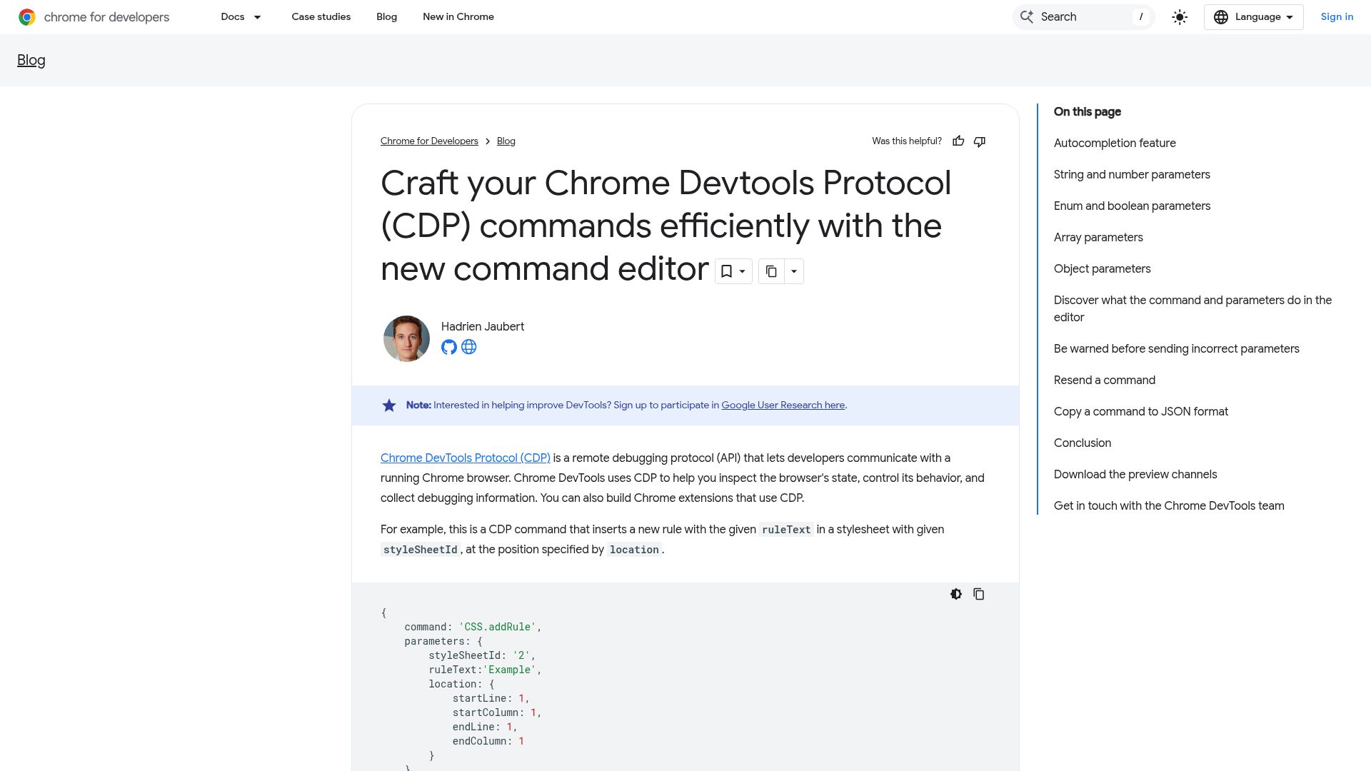 Screenshot of developer.chrome.com: Craft Chrome Devtools Protocol (CDP) commands with the new command editor
