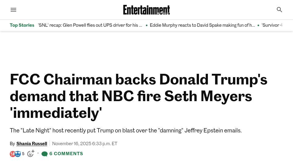 Screenshot of ew.com: FCC Chairman backs demand that NBC fire Seth Meyers 'immediately'