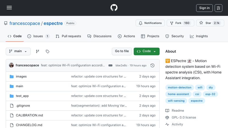 Screenshot of github.com: Show HN: ESPectre – Motion detection based on Wi-Fi spectre analysis