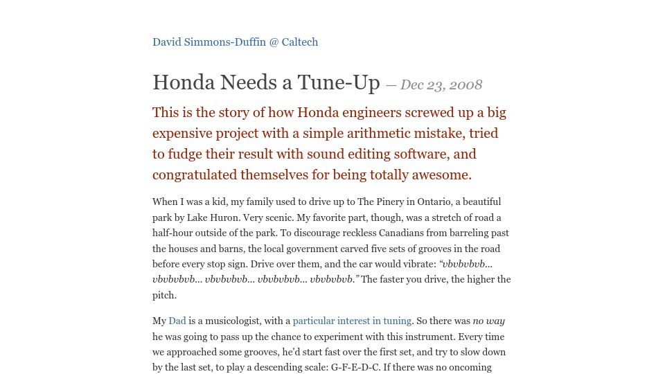 Screenshot of davidsd.org: How Honda screwed up an expensive project with a simple math error (2008)