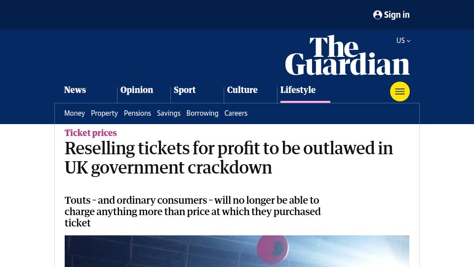 Screenshot of theguardian.com: Reselling tickets for profit to be outlawed in UK government crackdown